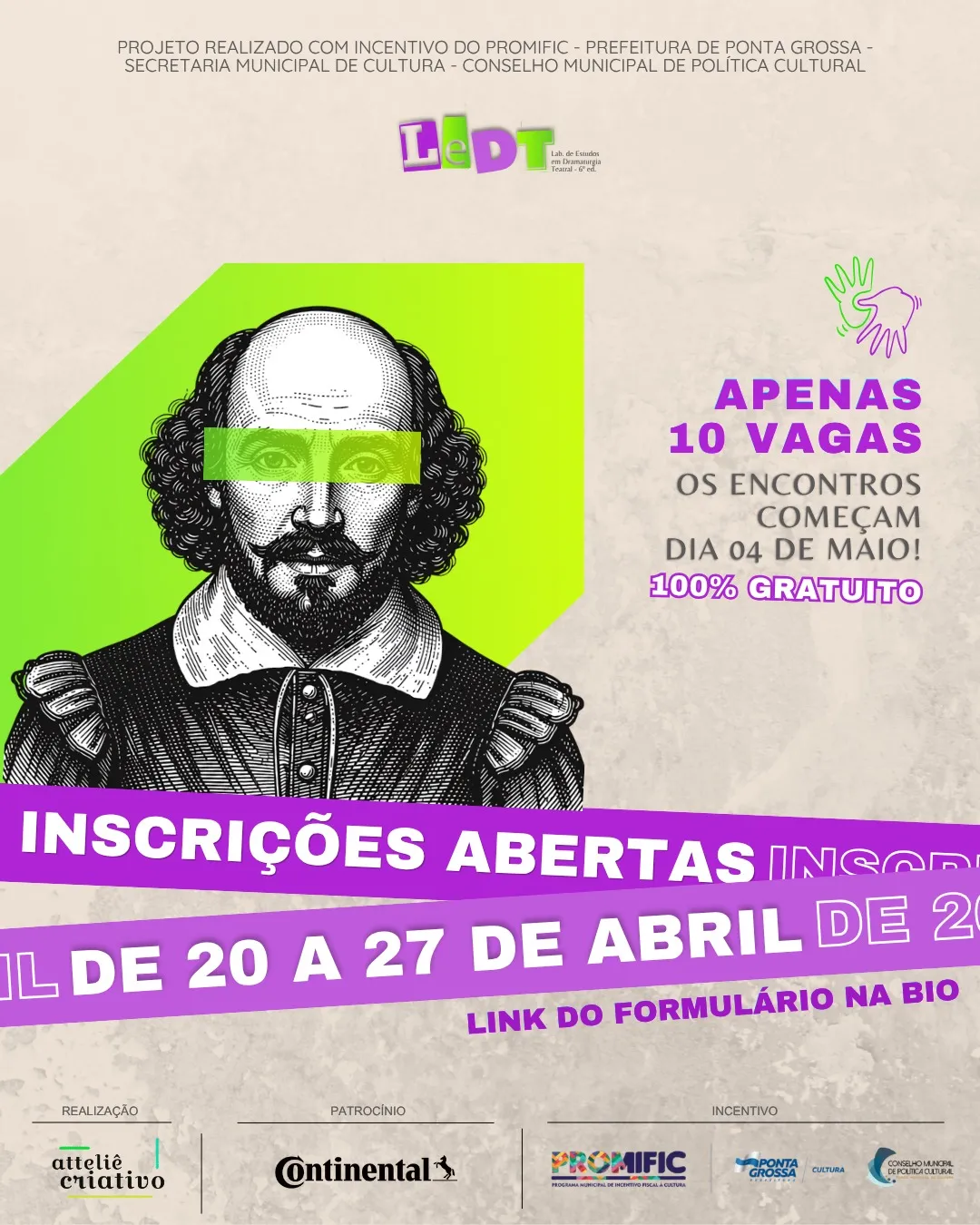Curso gratuito de teatro abre inscrições em Ponta Grossa