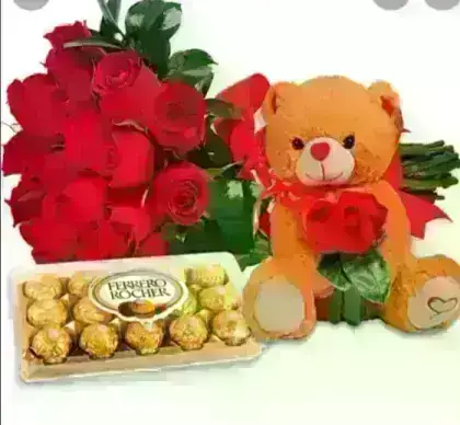 Buquê Rústico 12 Rosas, Urso e Chocolate.