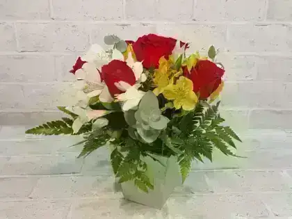 Arranjo de Rosas Vermelhas e Astromelias no Cachepot - 6 Rosas