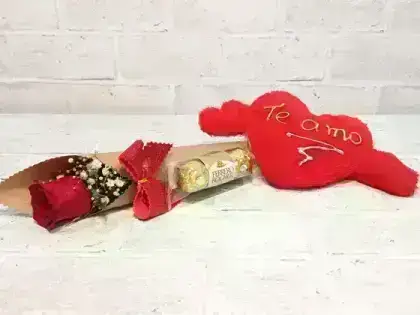 Rosa Unitaria Choco Rosa - + Coração de Pelucia Pequeno