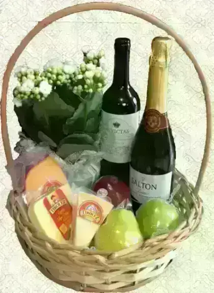 Cesta de Vinhos, Queijos, Frutas e Flores