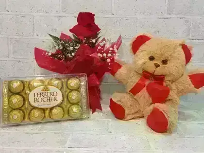 Arranjo com 1 Rosas Dobradas Vermelhas + Chocolates + Pelucia - Ferrero 12 Unidades