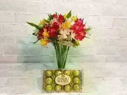 Vaso com Astromelias + Chocolates - Ferrero 12 Unidades