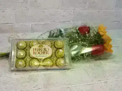 Ramalhete de Girassol + 2 Rosas Vermelhas - Ferrero 12 Unidades