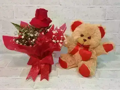 Arranjo com 1 Rosa Dobrada Vermelha - + Urso de Pelucia Pequeno